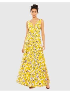 Ieena for Mac Duggal Yellow Floral Sleeveless Maxi Dress w/ V-Neck and Side Slit